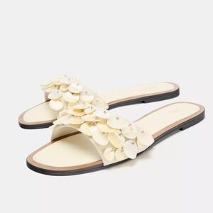 Zara NWT rare pearlescent mother of pearl sequined embellished shell sandals